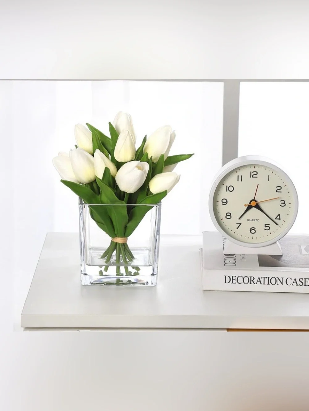 White Tulip Bouquet in Square Glass Vase - Home Accents